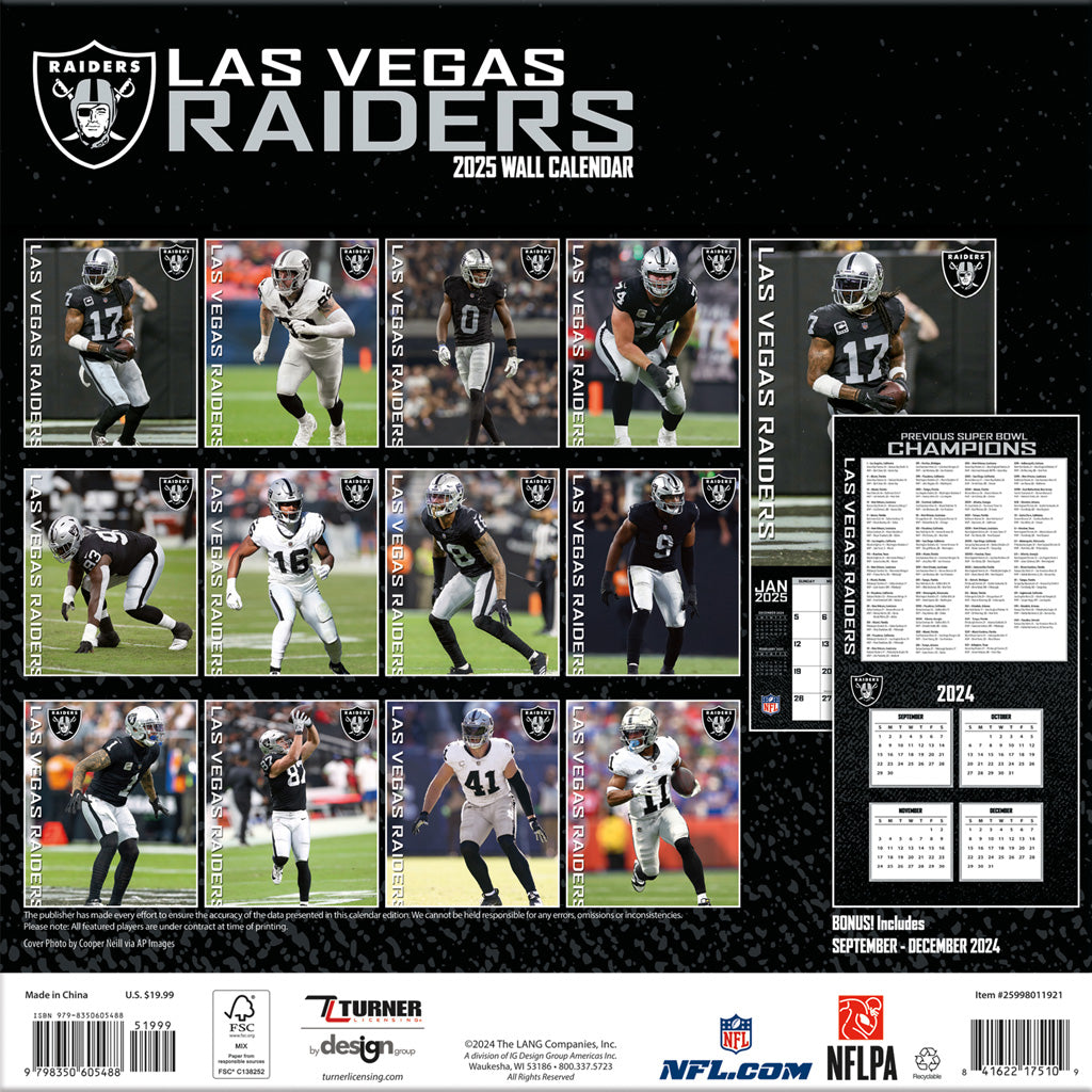 NFL Las Vegas Raiders 2024-2025 12&quot; x 12&quot; Team Wall Calendar