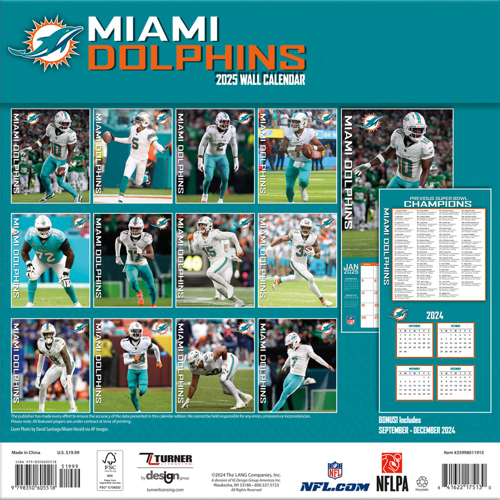 NFL Miami Dolphins 2024-2025 12&quot; x 12&quot; Team Wall Calendar