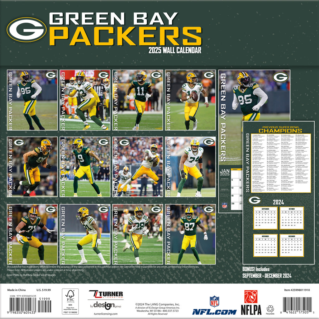 NFL Green Bay Packers 2024-2025 12&quot; x 12&quot; Team Wall Calendar