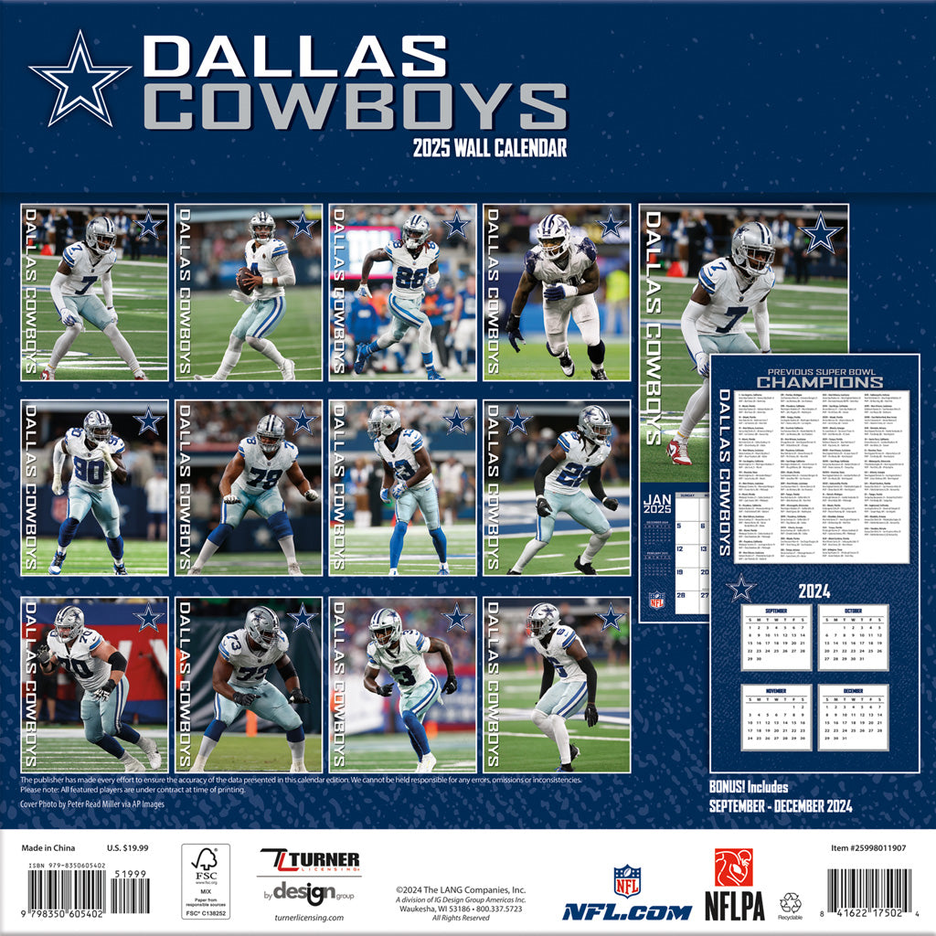 NFL Dallas Cowboys 2024-2025 12&quot; x 12&quot; Team Wall Calendar