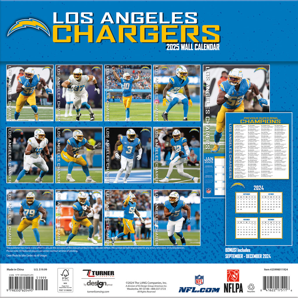 NFL Los Angeles Chargers 2024-2025 12&quot; x 12&quot; Team Wall Calendar