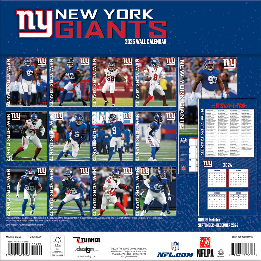 NFL New York Giants 2024-2025 12&quot; x 12&quot; Team Wall Calendar