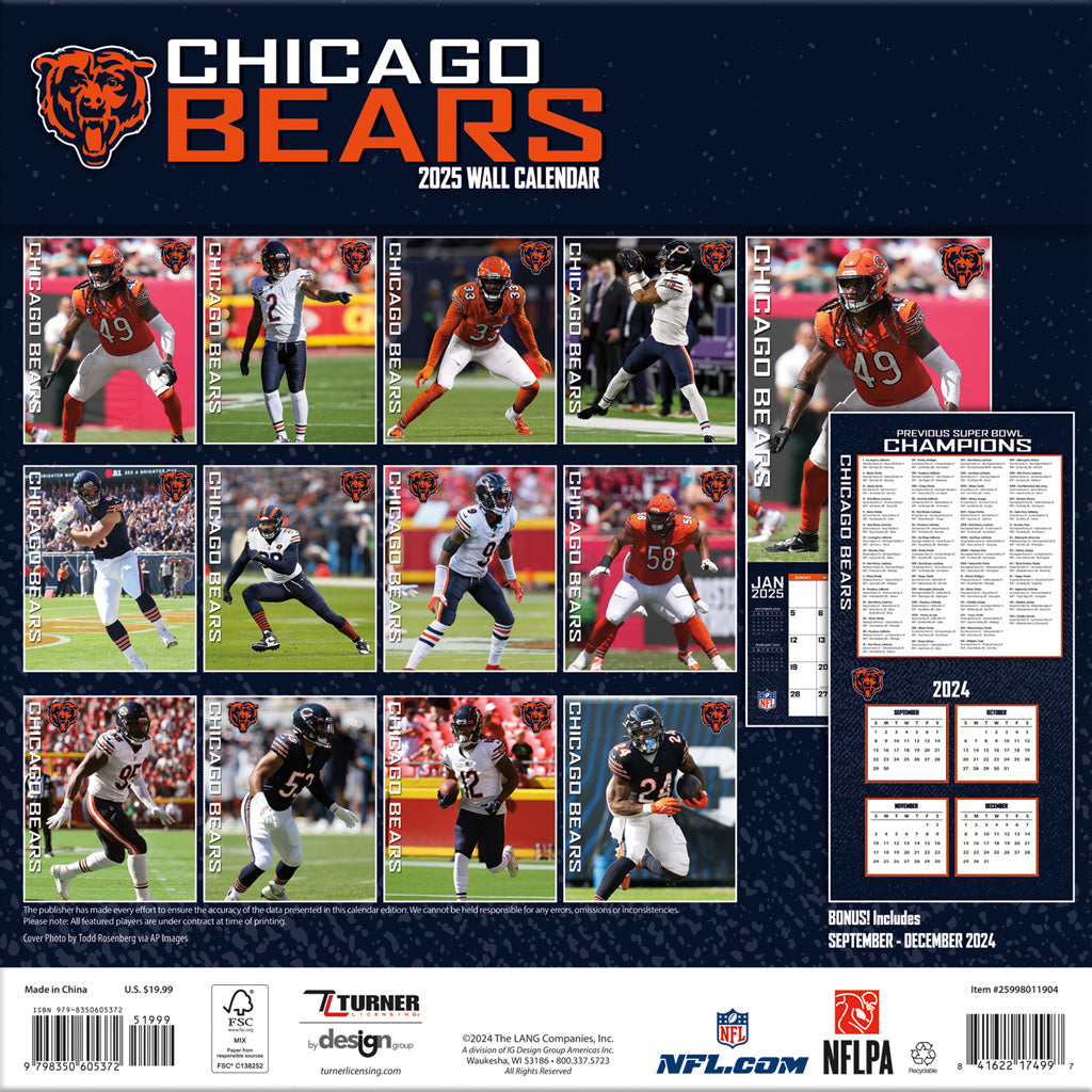 NFL Chicago Bears 2024-2025 12&quot; x 12&quot; Team Wall Calendar