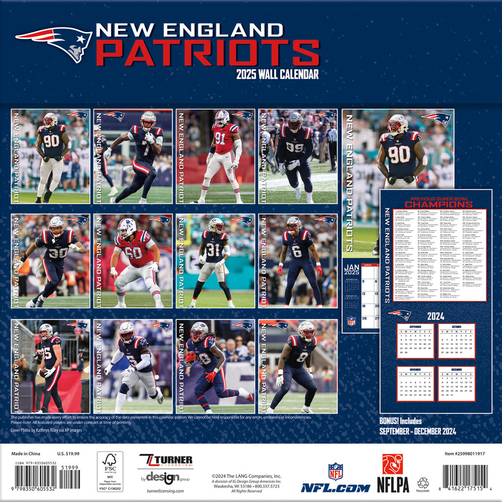 NFL New England Patriots 2024-2025 12&quot; x 12&quot; Team Wall Calendar