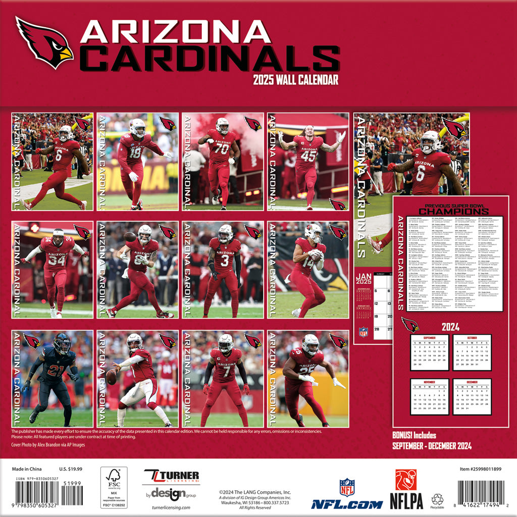 NFL Arizona Cardinals 2024-2025 12&quot; x 12&quot; Team Wall Calendar