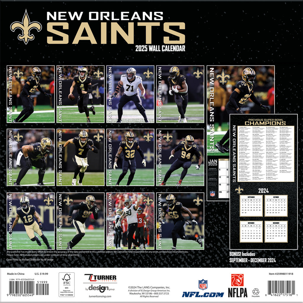 NFL New Orleans Saints 2024-2025 12&quot; x 12&quot; Team Wall Calendar