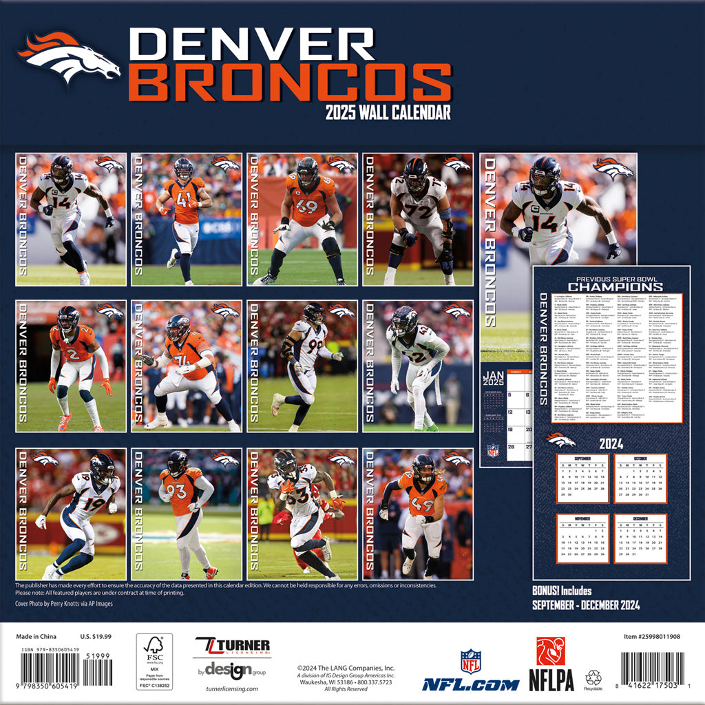 NFL Denver Broncos 2024-2025 12&quot; x 12&quot; Team Wall Calendar