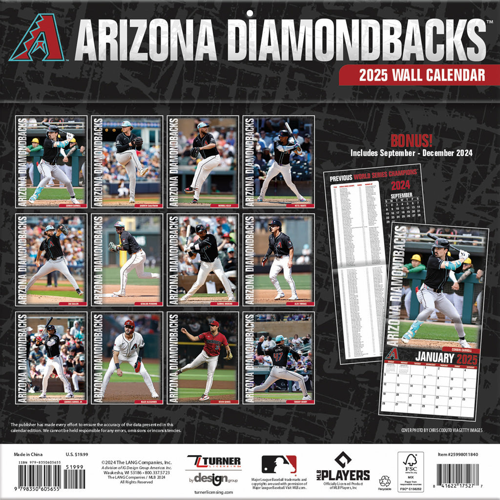 MLB Arizona Diamondbacks 2024-2025 12&quot; x 12&quot; Team Wall Calendar