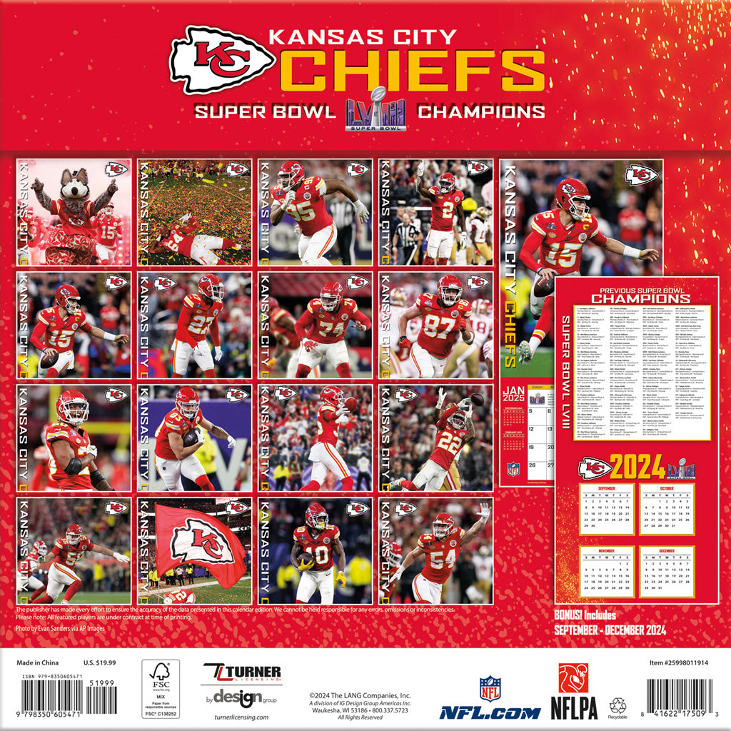 NFL Kansas City Chiefs 2024-2025 12&quot; x 12&quot; Team Wall Calendar