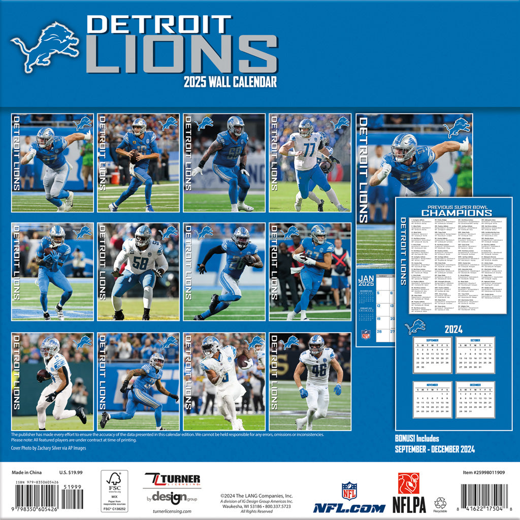 NFL Detroit Lions 2024-2025 12&quot; x 12&quot; Team Wall Calendar